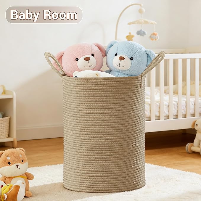SunNewt Tall Laundry Basket with Handles, 100L Portable Dirty Clothes Hamper, Boho Cotton Rope Storage Bin for Blankets Kids Toys Gifts, Extra Large Organizer for Baby Nursery Bedroom Bathroom, Jute