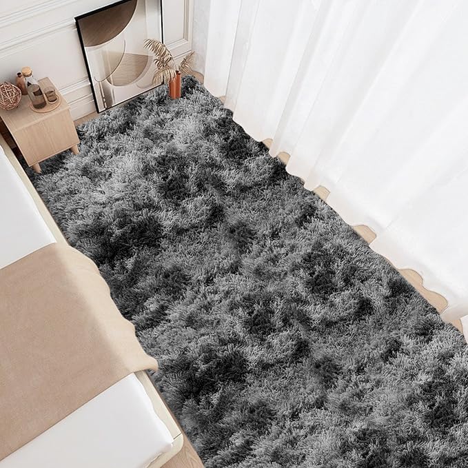 3x10ft Plush High Pile Black Tie-Dyed Rug Fluffy Soft Runner Bedside Rug for Bedroom Living Room Hallway Nursery Kids Home Decor Shag Carpet