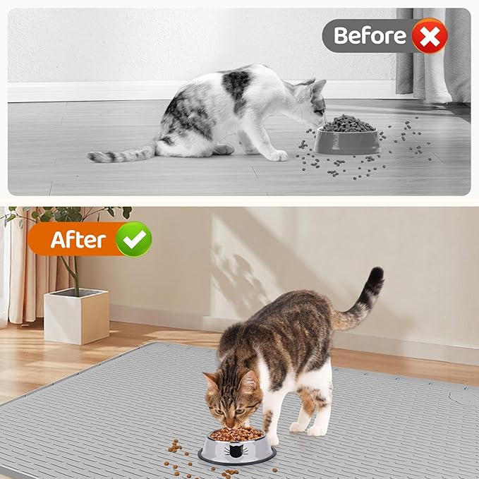 Bartuke Cat Food Mat, 34" x 22" Large Silicone Pet Feeding Mat for Food and Water Bowls Non-Slip, Easy to Clean (Light Grey)