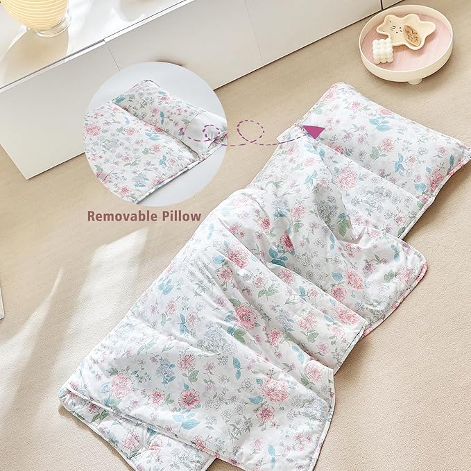 DuShow Cotton Toddler Nap Mat Floral for Girls,Roll Up Slumber Bags,Toddler Nap Mat with Removable Pillow, Kids Sleeping Mat for Daycare and Preschool Kindergarten-Flower