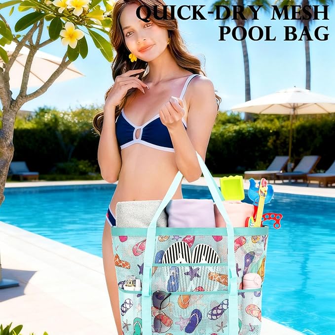 Fammart Mesh Beach Bag, Large Beach Tote with Zipper Pocket for Family Pool Bag for Toys & Vacation Essentials