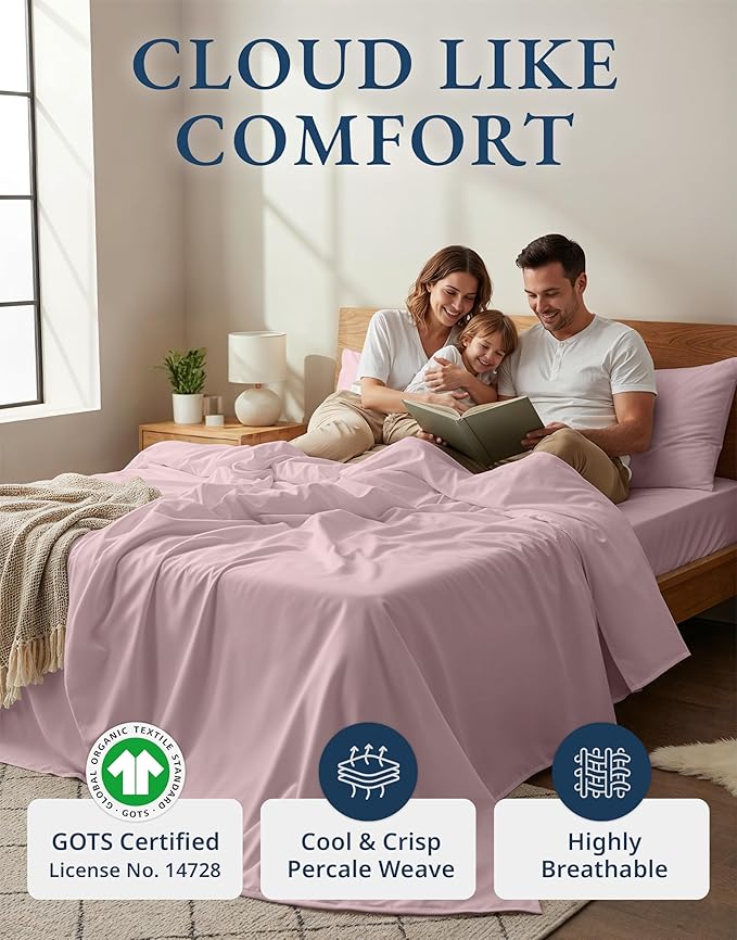 LANE LINEN Eco Friendly 100% Organic Cotton Twin Sheet Set, Hotel Quality Premium Bedding Sheets & Pillowcases Set Twin Size, Soft & Comfy Percale Sheets, Machine Wash Bed Sheets- Sepia Rose