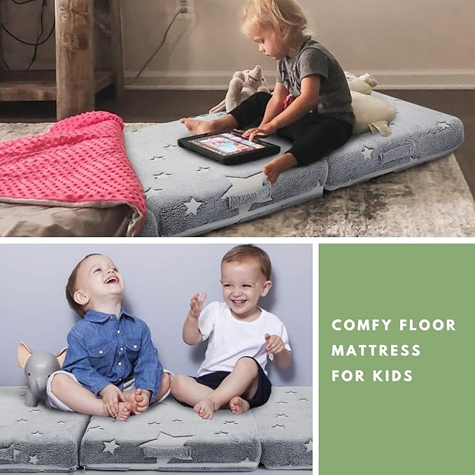 MeMoreCool Foldable Floor Mattress for Kids, Glow Star Trifold Mat, Kids Folding Mattress Portable Futon, 57x22 Inch Grey