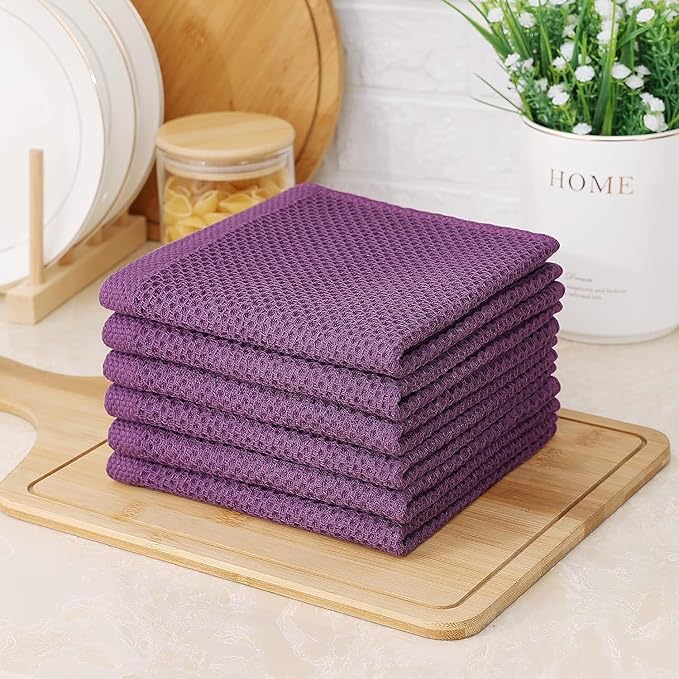 Kitinjoy 100% Cotton Kitchen Dish Cloths, 12 Pack Waffle Weave Ultra Soft Absorbent Dish Towels for Drying Dishes Quick Drying Kitchen Towels Dish Rags, 12 X 12Inch, Violet