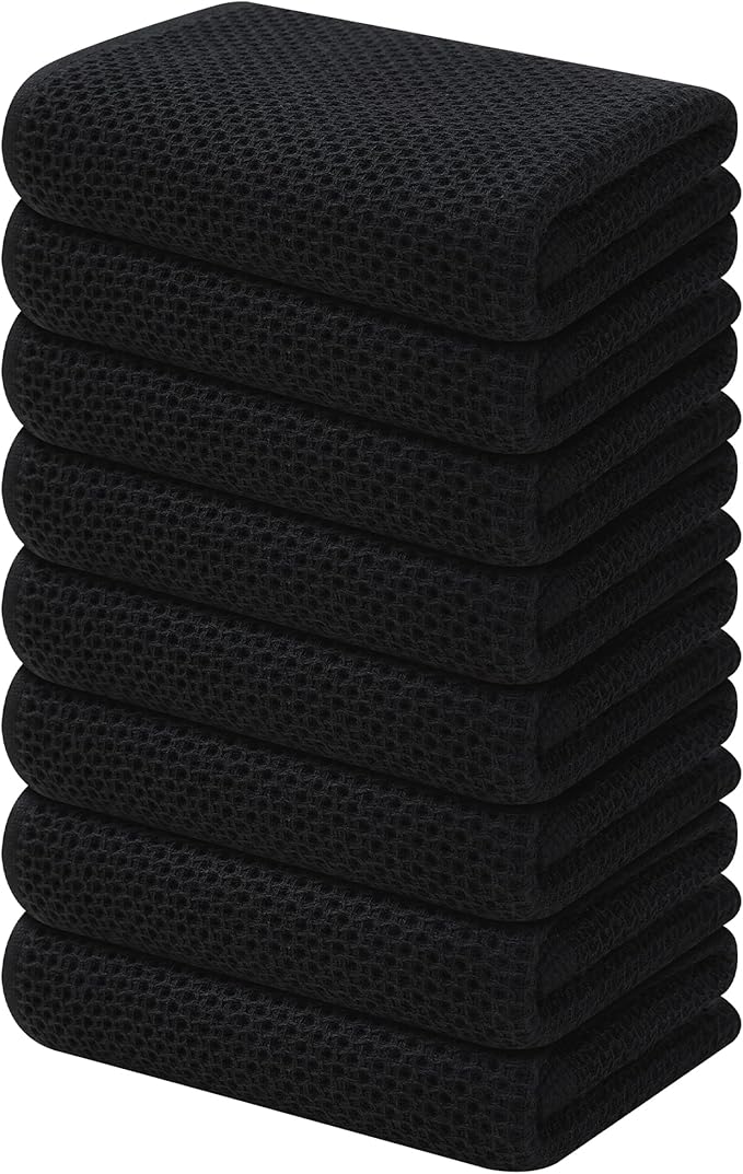 Kitinjoy 100% Cotton Waffle Weave Kitchen Towels, 8-Pack Super Soft and Absorbent Dish Towels for Drying Dishes, Kitchen Hand Towels, 13 in x 28 in, Black