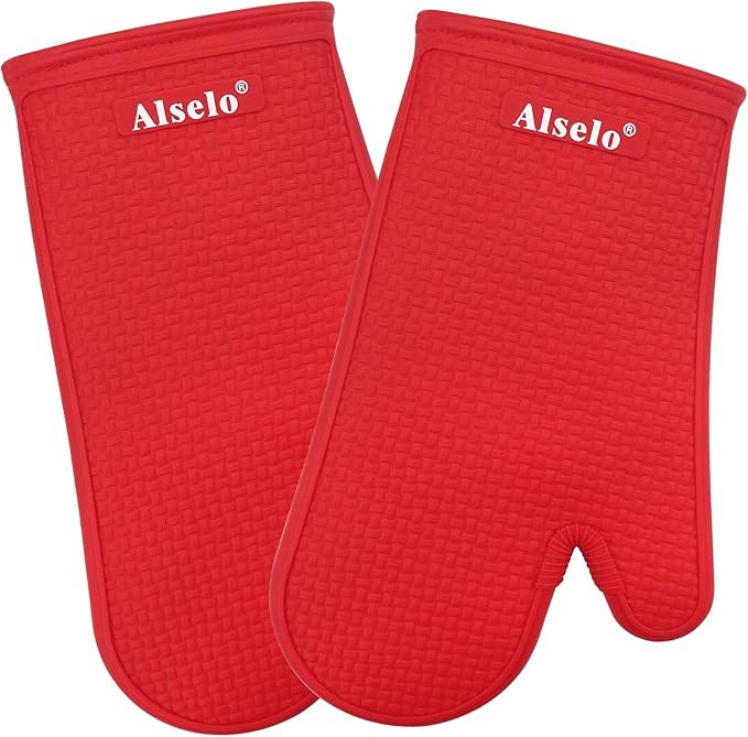 Oven Mitts Heat Resistant Silicone Kitchen Gloves for 550 Degrees with Waterproof and Non-Silp, Set of 2 Oven Gloves for Baking Cooking Barbecue Microwave Machine Washable (Red, 2)