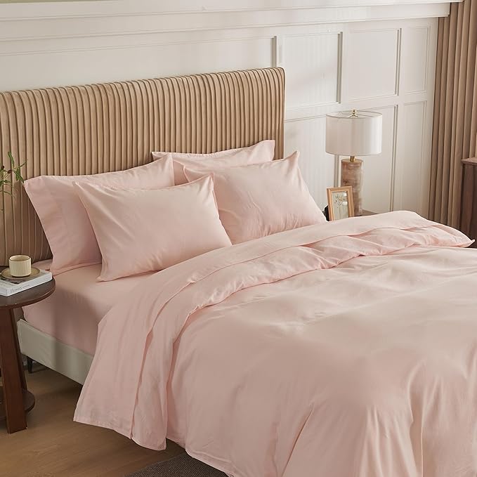 Simple&Opulence Belgian Linen Sheet Set Solid Color - 6 Pieces (1 Flat Sheet & 1 Fitted Sheet & 4 Pillowcases) 16" Deep Pocket Natural Flax Cotton Blended Soft Bedding - Pale Pink, King Size