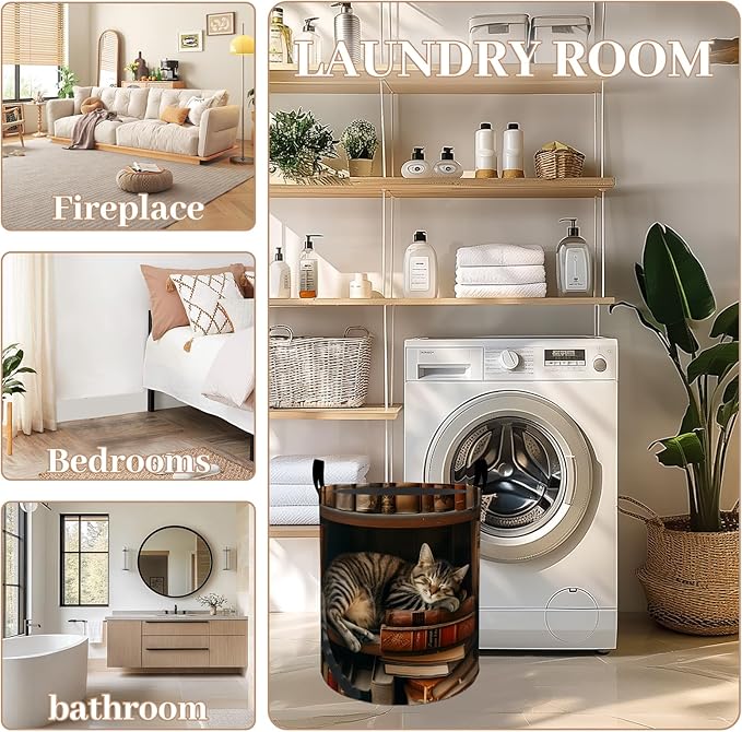 ainori Cat Laundry Basket, Oxford Cloth Vintage Elegant Dirty Clothes Collapsible Hamper for Room Decor, Bookshelf Library and Kitten Print Gifts Toy Organizer 19.7*15.8 Inch for Bedroom Bathroom Dorm
