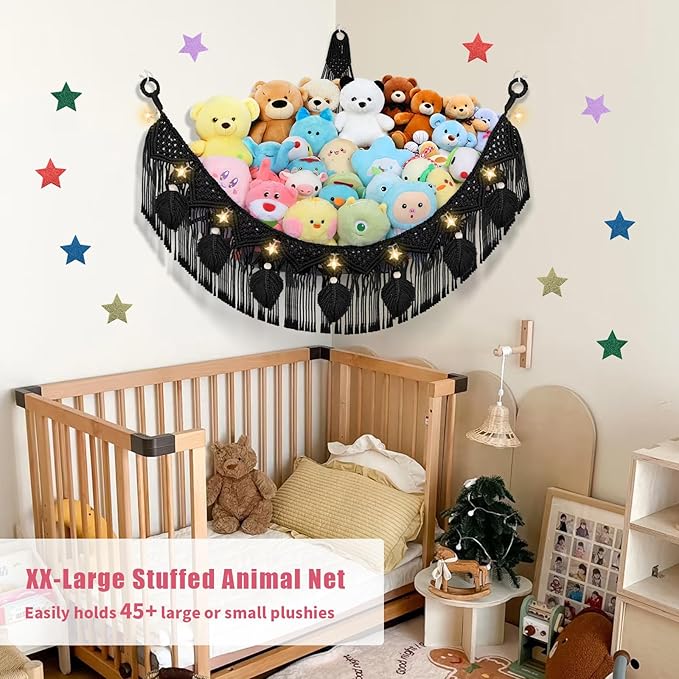 Stuffed Animal Storage Hammock Corner, 56'' Jumbo Boho Macrame Leaf Hanging Stuff Animal Holder for Teddy Plushie, Black Stuffed Animal Net Toy Storage w/Star Lights for Baby Girl Boy Gift