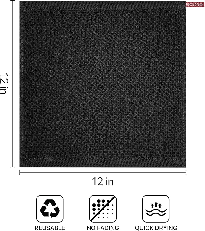 FreeNook 100% Cotton Waffle Weave Kitchen Towels, 6 Pack Dish Cloths for Washing Dishes, Ultra Soft Absorbent Dish Towels, Quick Drying Kitchen Rags, 12x12 Inches, Black