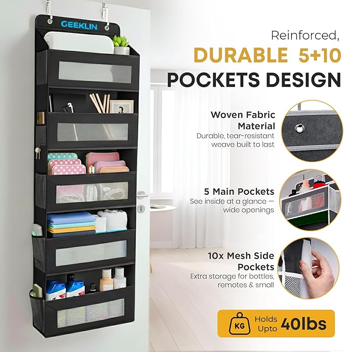CEEKLIN Wall & Door Hanging Organizer with Mesh Pockets – Over The Door Storage Organizer for Bedroom, Bathroom, Closet & Pantry, Space Saving Fabric Pocket Organizer