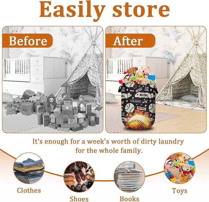 Baseball on Fire Laundry Basket with Sturdy Handles, Ball Game Collapsible Oxford Cloth Laundry Hamper Organizer Basket for Bathroom Bedroom 15.7x20 Inch