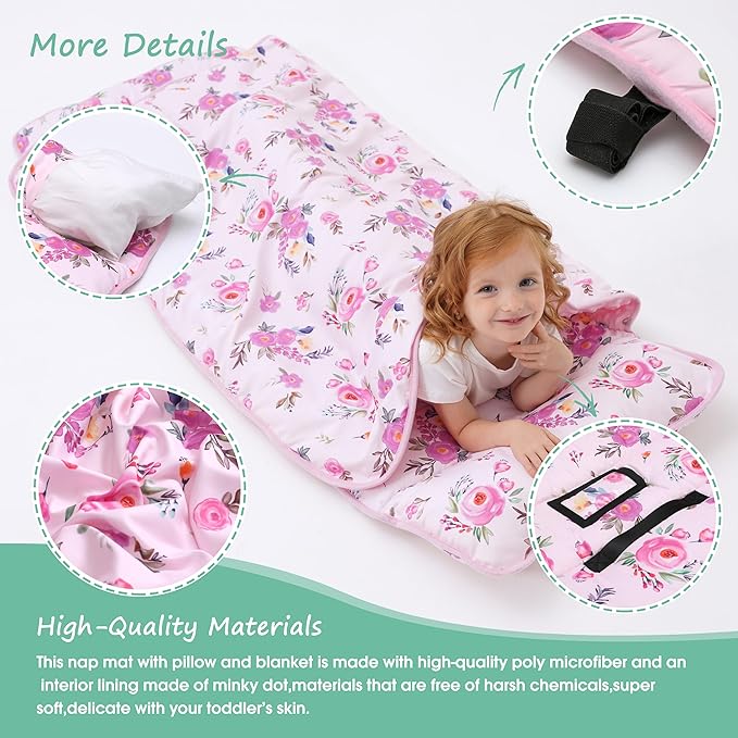 ACRABROS Toddler Nap Mat with Pillow and Blanket, Extra Large Rolled Napping Mats,Slumber Bags for Boys Girls,Kids Sleeping Bag for Daycare, Preschool Travel Camping,Pink Floral