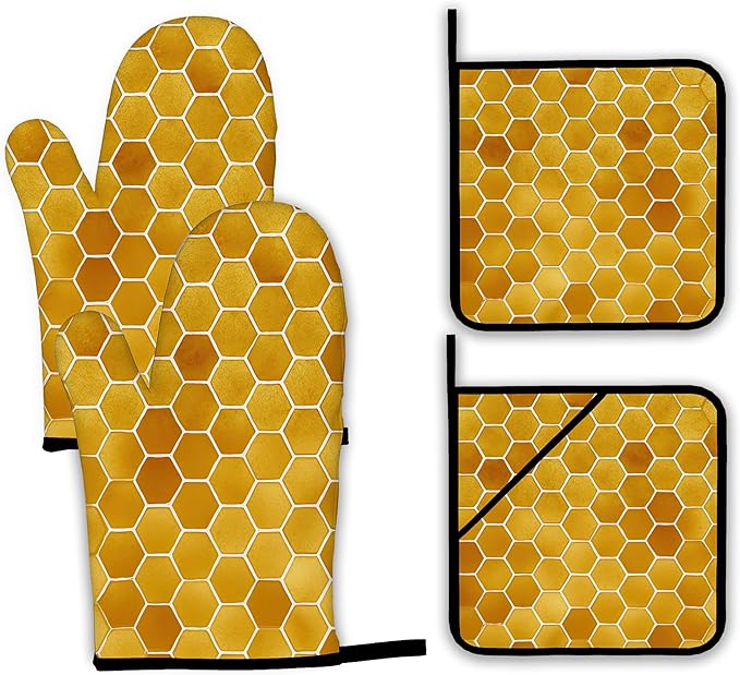 Honeycomb Oven Mitts and Pot Holders Set,Bee Kitchen Decor Heat Resistant Non Slip Hot Pads and Oven Mitt for Chef Cooking Baking BBQ Mom Girl Gifts(4 Piece Set)