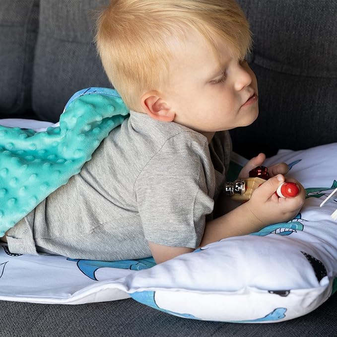 JumpOff Jo Nap Mat for Kids - Cozy Kids Rest Mat with Removable Pillow and Ultra Soft Blanket for Preschool, Daycare, and Sleepovers - Blue Dino