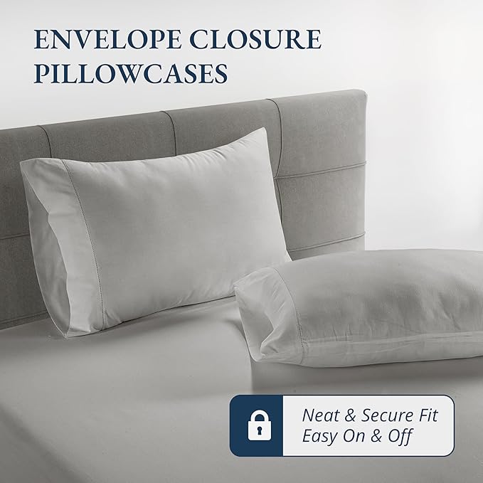 LANE LINEN 100% Organic Cotton Twin Fitted Sheets, 2-Piece Set (1 Fitted Sheet, 1 Pillowcase), Percale Weave, Lightweight, Ultra Soft, Breathable, Fits Mattress Upto 15" Deep - Silver (No Flat Sheet)