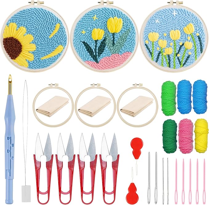 Woohome Punch Needle Kit Included Plastic Hoops, Punch Needle Cloth, Color Yarn and Punch Needle Tools for Adults, Beginners (Tulips and Sunflowers)