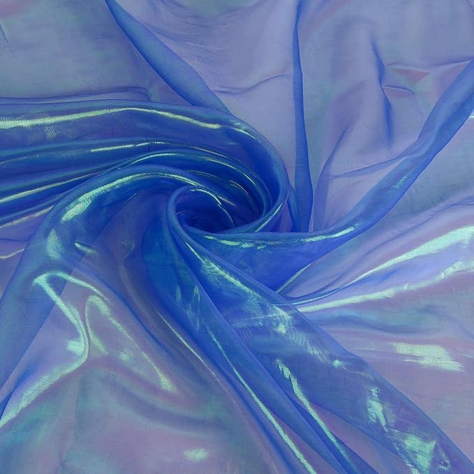 Sheer Iridescent Organza Fabric 58 Inches Wide - 10 Yards Precut - Shinny Wedding Party Decor Fairy Costume Voile Doll Clothes Sewing - Blue