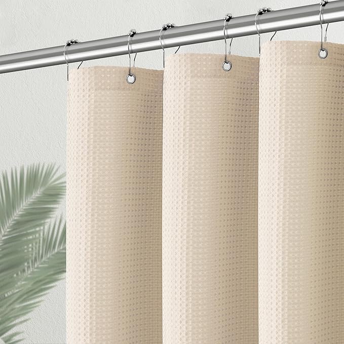 PANGSINNE Beige Fabric Shower Curtain - Waffle Textured Heavy Duty Shower Curtains for Bathroom, 256GSM Hotel Spa Luxury Weighted Bath Curtain with 6 Hooks, 36x72, Beige
