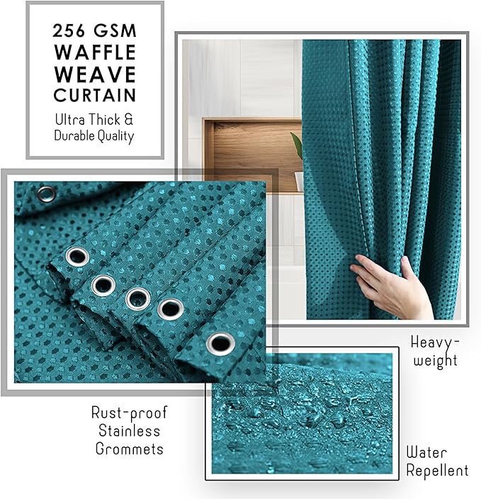 Clara Clark Teal Shower Curtain - Hotel Quality Waffle Fabric Bath Curtain 72x72, Heavy Duty Waterproof Shower Curtains for Bathroom