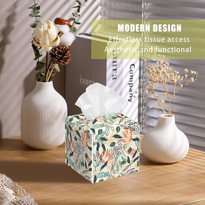 BLYKVGHQ Boho Leaves Tissue Box Cover Square, Tissue Box Holder with Bottom Belt Leather Facial Paper Organizer Dispenser for Bathroom Bedroom Dresser Night Stand Tabletop