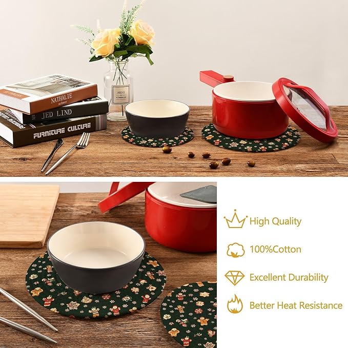 Christmas Green Trivets for Hot Dishes Pots and Pans Potholders Woven Trivet Cotton Round Large Pot Holder Decor Heat Resistant Hot Pads Mat for Table Counter Cooking Potholder Set of 2 (