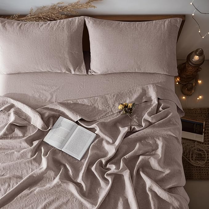 LBRO2M 100% Linen Sheet Set 16" Deep Pocket Queen Size,Bed Sheets 4 Piece Sets,Solid Color Natural Flax Bed Sheets Soft Breathable Bedding, All Season (Queen, Mauve Desert)