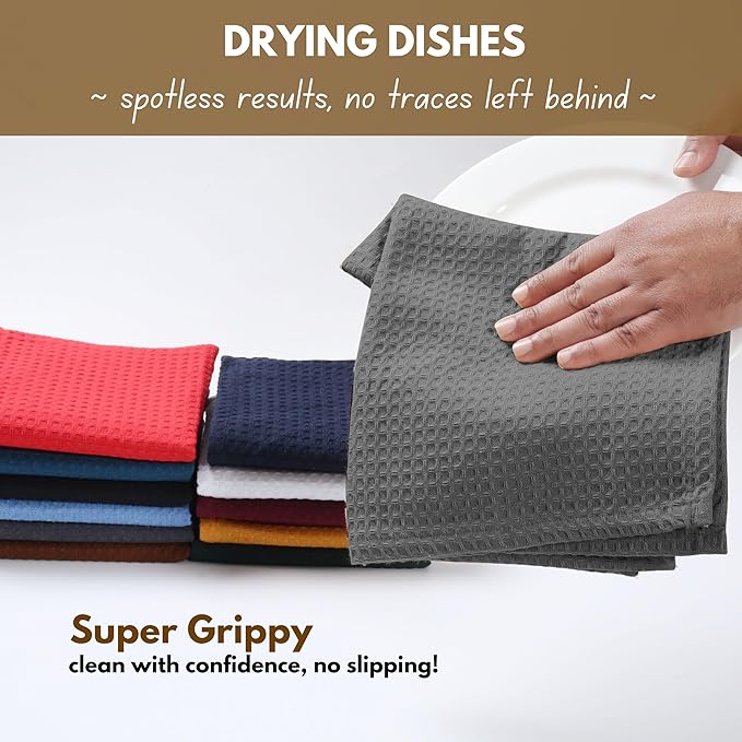 Native Fab Waffle 18 Pack Dish Cloths Set - 100% Cotton, Absorbent, Quick Drying, Washable Towels for Cleaning, Cooking & Baking - Great for Home, Restaurants, Bars & Cafes, 12x12 inches - Grey