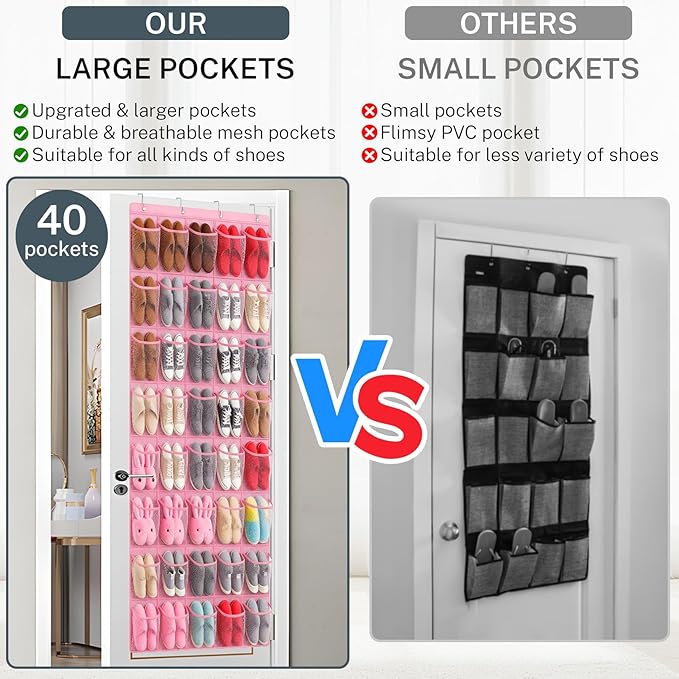 Hualleko 40-Pocket Over the Door Shoe Organizer - Large Mesh Pocket Hanging Shoe Organizer,Behind the Door Shoes Storage Holder Hanger (Pink)