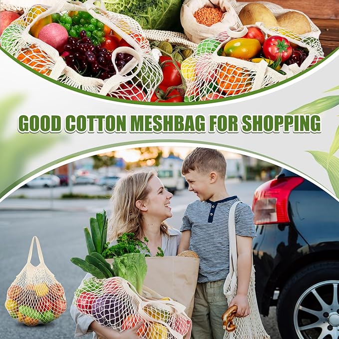 SATINIOR 8/16 Pcs Large Cotton Mesh Grocery Bags 16x16x12 Inch Reusable Cotton String Shopping Bag Beige Produce Container