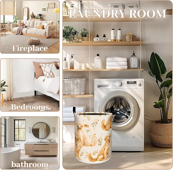 ainori Cute Golden Retriever Dog Laundry Basket, Oxford Cloth Nature Dirty Clothes Collapsible Hamper for Room Decor, Puppy and Plant Print Gifts Toy Organizer 19.7*15.8 Inch for Bedroom Bathroom Dorm