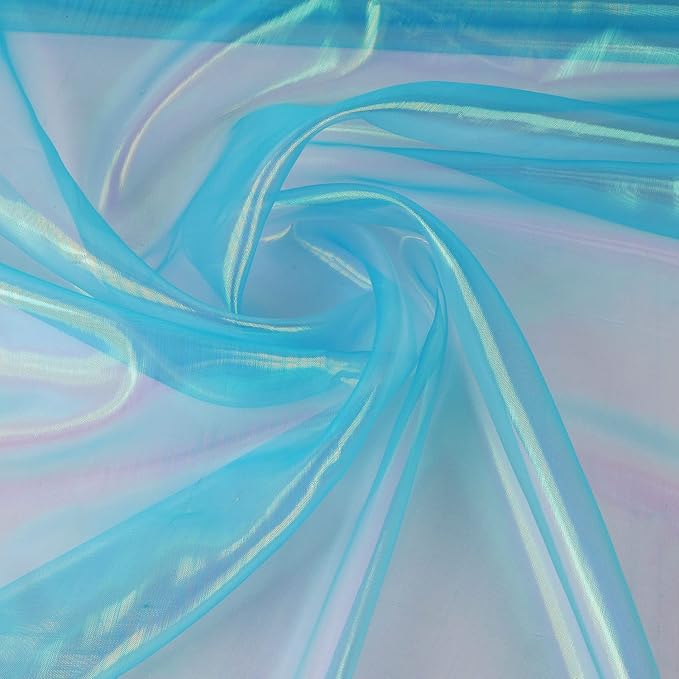 Sheer Iridescent Organza Fabric 58 Inches Wide - 5 Yards Precut - Shinny Wedding Party Decor Fairy Costume Voile Doll Clothes Sewing - Cyan Blue