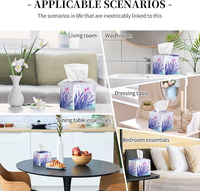 Purple Lavender and Butterfly Tissue Box Cover Square,Watercolor Lavender Flowers Tissue Box Holder Waterproof Leather Facial Paper Organizer Dispenser for Bathroom Home Car Nightstand Vanity Desk