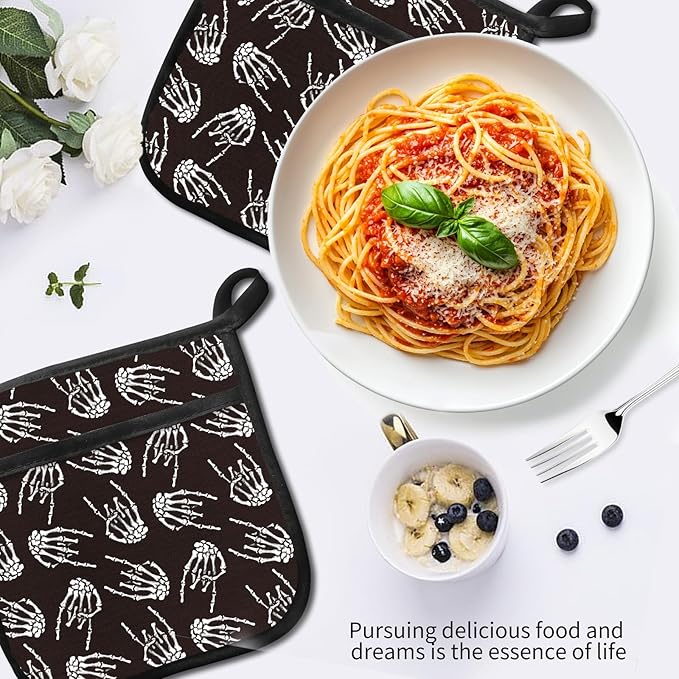 2 Pack Pot Holders for Kitchen Clearance, Cute Hot Pads, Funny Oven Pot Holders, Potholders Sets for Kitchen Heat Resistant Black Skulls Rock