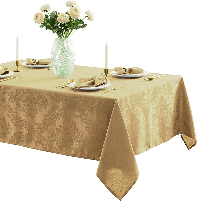 Newbridge Barcelona Damask Fabric Tablecloth, 60 x 102 Inch Rectangle, Gold – No Iron, Soil Resistant Table Cover for Dining, Parties and Holidays