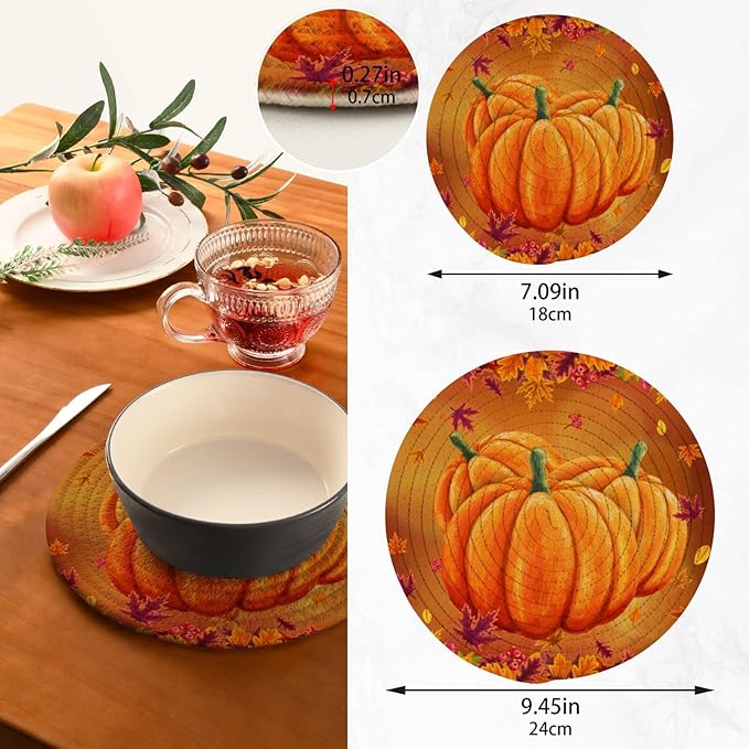 Boccsty Pumpkin Autumn Leaf Trivet Mat 2PCS Round Woven Potholders Kitchen Table Countertop Protector Hot Pads Farmhouse Coasters Counter Mats for Cooking Baking