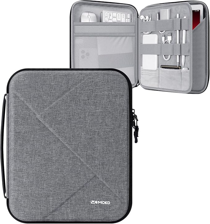 MoKo 13 inch Tablet Sleeve Bag for 13 inch iPad Pro M5/Air M3 2025, iPad Pro 13 M4/Air M2, Pro 12.9, Galaxy Tab S8+/S9+ 12.4, Hard Shell EVA iPad Bag with Storage and Padded Handle, Gray