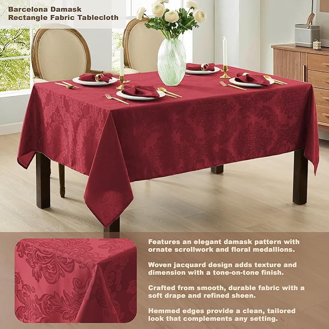 Newbridge Barcelona Damask Fabric Tablecloth, 52 x 70 Inch Rectangle, Burgundy – No Iron, Soil Resistant Table Cover for Dining, Parties and Holidays