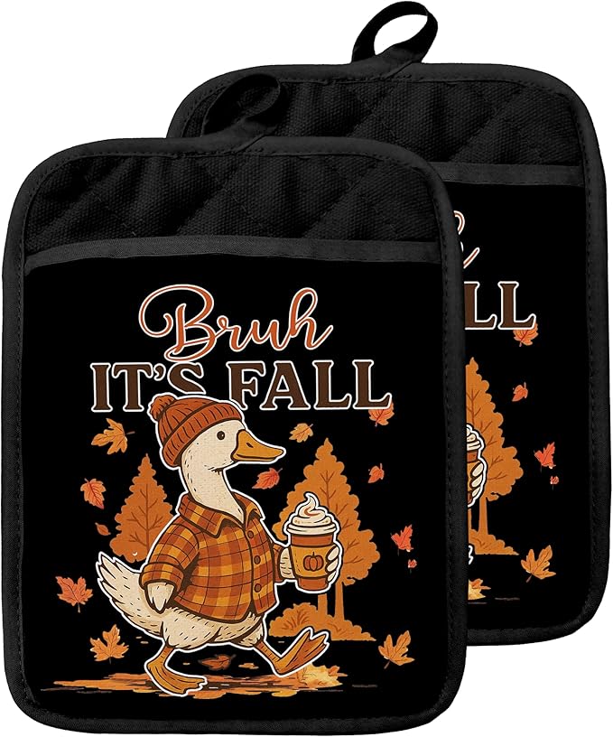 Funny Fall Goose Pot Holders with Pockets, Autumn Pumpkin Spice Coffee Cozy Goose Maple Leaf Oven Pot Holders Heat Resistant Oven Mitts Hot Pads for Kitchen Baking Cooking
