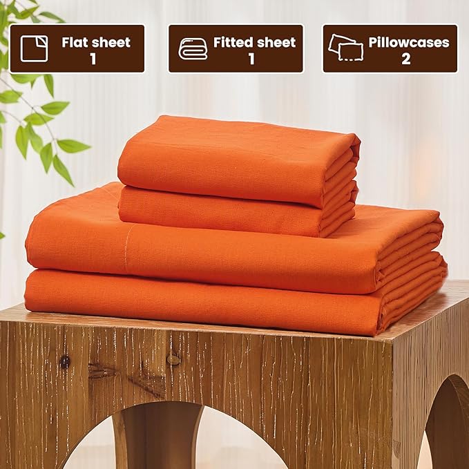 Bedlifes 100% French Pure Linen Sheets California King Size Breathable and Cooling Flax Sheet Set Soft Durable and Moisture Wicking 16 Inch Deep Pocket-4 Piece(Cal King,Orange)