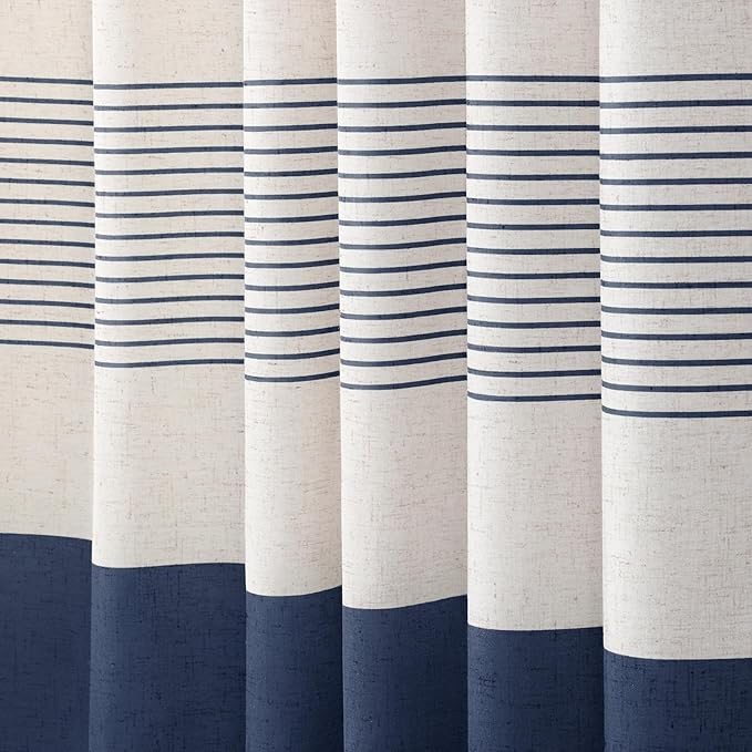 XOGUIBO Navy Blue Shower Curtain Linen Coastal Ocean Striped Shower Curtains for Bathroom with Tassel 72 X 84