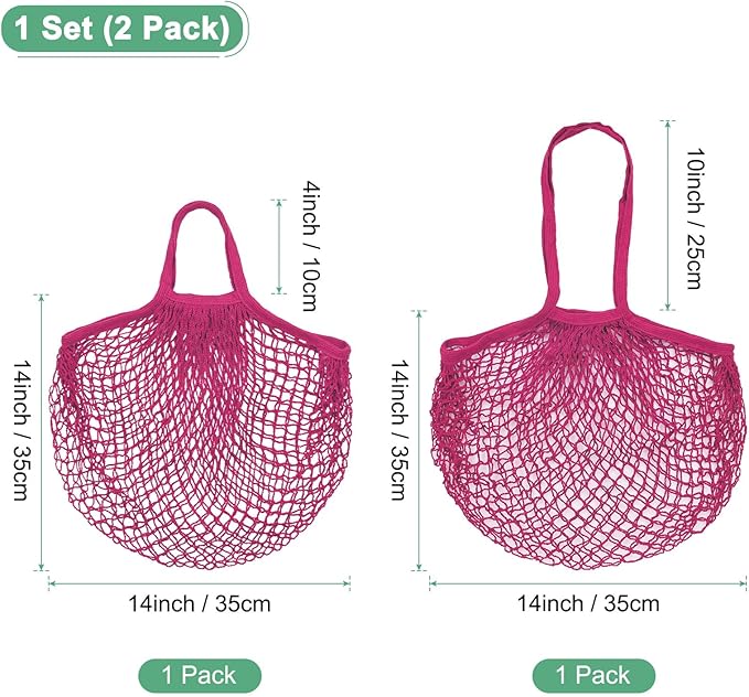 M METERXITY 2-Pack Cotton Mesh Bag, Reusable Washable Mesh Net String Grocery Bags, Reusable Produce Bags with Handle, Net Tote Bag for Fruits/Vegetables Shopping [Rose Red, Long&Short Handle]