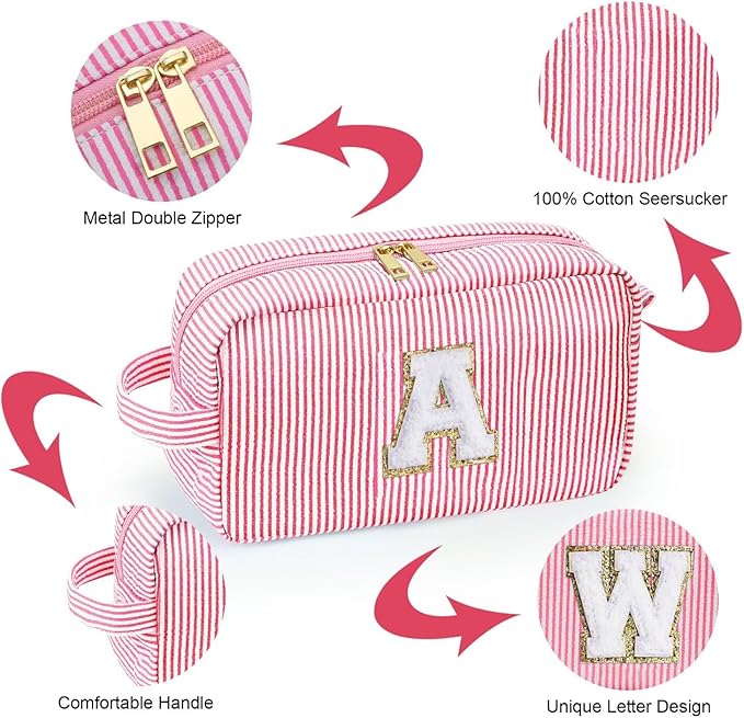 YOOLIFE Initial Makeup Bag Cosmetic Bag Toiletry Pouch, Personalized Birthday Gifts for Women Girls Mom Daughter Sister Friends, Pink A