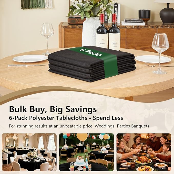 Black Round Tablecloth 6-Pack, 90 Inch Diameter Table Cloth for Round Tables - Polyester Fabric Tablecloths, Reusable & Washable Table Cover