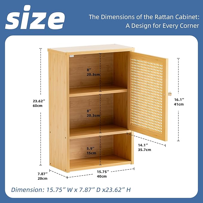 HITNET Bathroom Wall Cabinet, Rattan Medicine Cabinet, Bamboo Hanging Storage Organizer Over The Toilet with Adjustable Shelf for Living Room, Kitchen, Hallway(Natural)