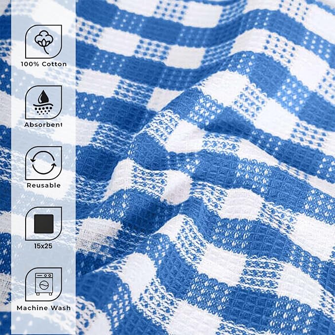 Blue Needles Waffle Weave Check Plaid Kitchen Towels, 15x25 Inches 100% Cotton Set of 4 Dish Towels for Kitchen, Soft & Absorbent for Quick Drying with Hanging Loop Spring Summer - Sky Blue & White