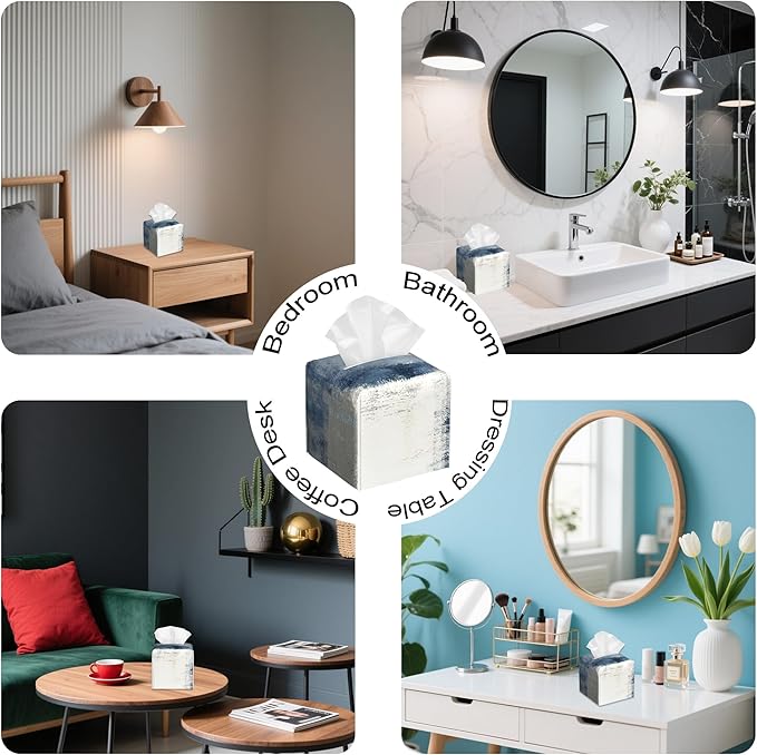 Abstract Blue and Grey Art Tissue Box Cover Square,Tissue Box Holder with Belt Bottom,Stylish Leather Napkin Holder for Vanity Countertop,Nightstands,Office Desk,5.2"×5.2"×5.2"