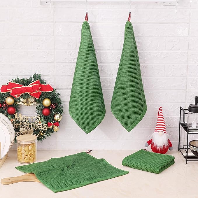 Kitinjoy 100% Cotton Kitchen Dish Cloths, 12 Pack Waffle Weave Ultra Soft Absorbent Dish Towels for Drying Dishes Quick Drying Kitchen Towels Dish Rags, 12 X 12 Inches, Grass Green