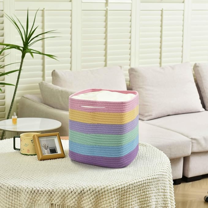 Gocjuaza 3 Pack Storage Cubes 11 Inch Cotton Rope Woven Baskets for Organizing Cube Bin Square Shelves Organizer,Classroom,Kids Toy Bins,Closet,Baby Nursery(Light Rainbow)
