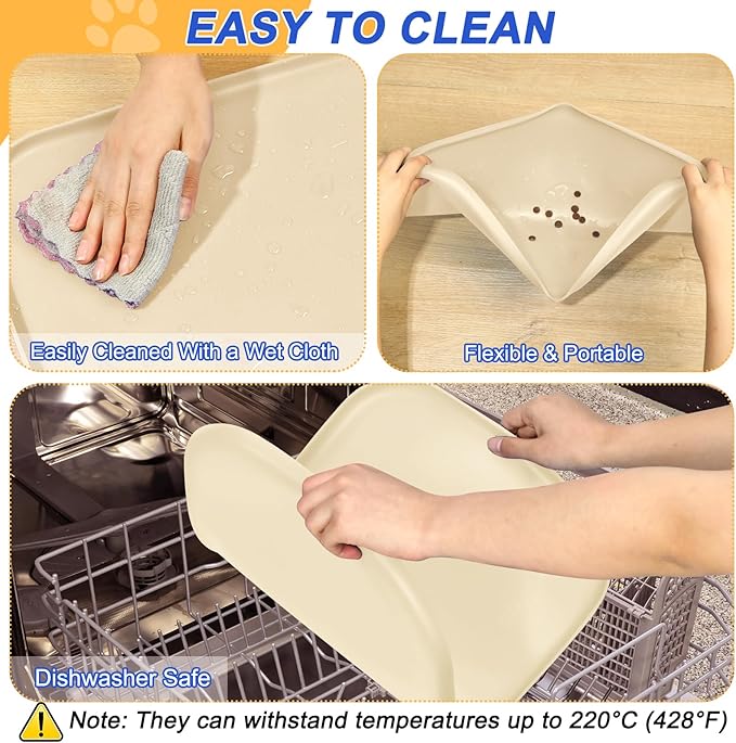 Silicone Pet Feeding Mat with Raised Edge for Food and Water, Dog Bowl Mats, Cat Bowls Placemat with High Lip for Floor Waterproof, Rubber Tray for Cats and Dogs 24 x 16 x 0.8 White Sand (Yellow Cast)